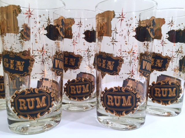Vintage Black and 22-Karat Gold Liquor Name Glasses (Set of 8)