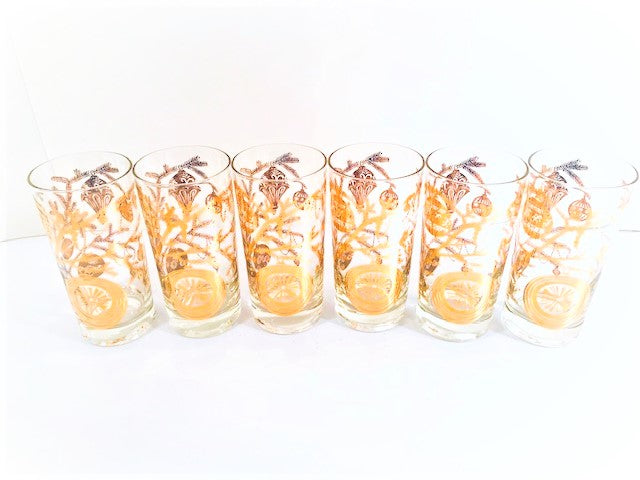 Vintage Christmas 22-Karat Gold Tree Branch and Ornaments Highball Glasses (Set of 6)