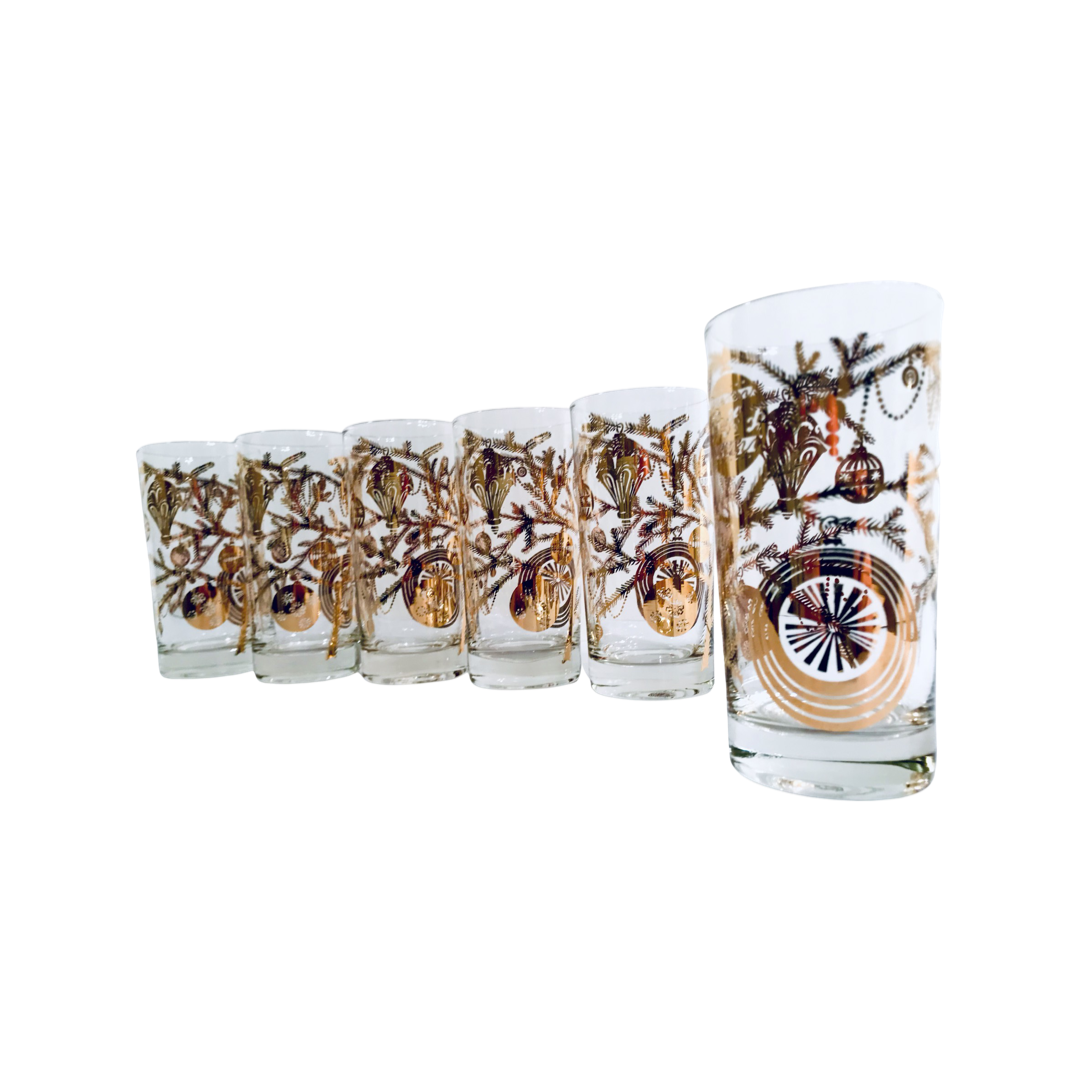 Vintage Christmas 22-Karat Gold Tree Branch and Ornaments Highball Glasses (Set of 6)