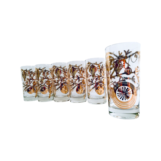 Vintage Christmas 22-Karat Gold Tree Branch and Ornaments Highball Glasses (Set of 6)
