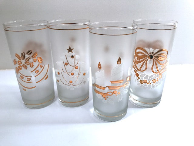 Culver Mid-Century 22-Karat Gold & White Christmas Highball Glasses (Set of 4)
