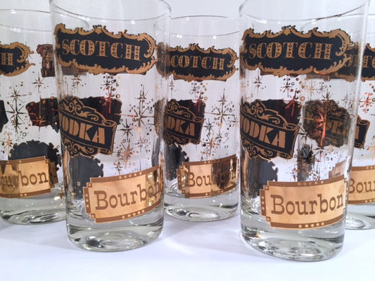 Vintage Black and 22-Karat Gold Liquor Name Glasses (Set of 8)