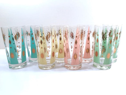 Fred Press Signed Mid-Century Pastel Atomic Burst Highball Glasses (Set of 8)