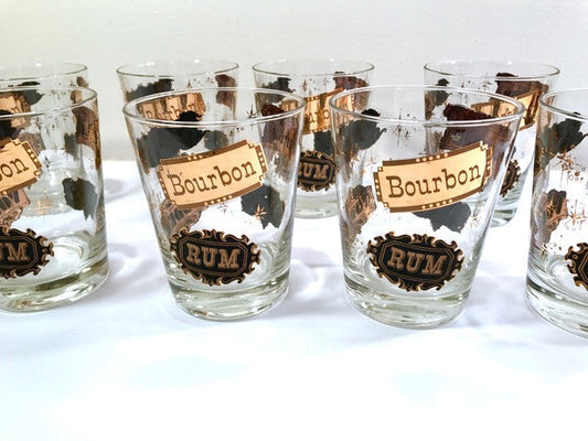 Vintage Black and 22-Karat Gold Liquor Name Double Old Fashion Glasses (Set of 8)