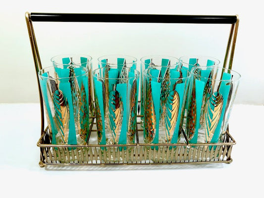 Fred Press Signed Mid-Century 22-Karat Gold Blue Leaf Cocktail Bar Set