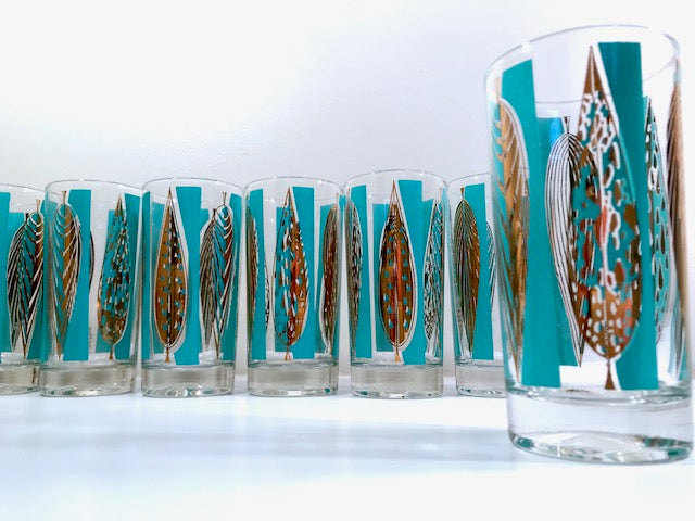 Fred Press Signed Mid-Century 22-Karat Gold Blue Leaf Cocktail Bar Set