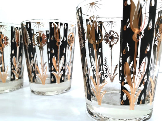 Fred Press Signed Mid-Century 22-Karat Gold and Black Abstract Flower Glasses (Set of 4)