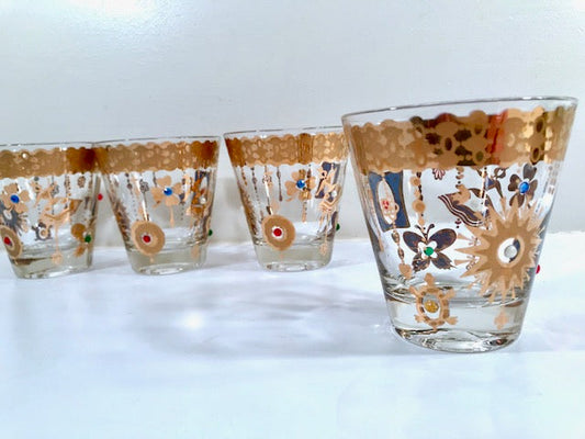 Culver Mid-Century 22-Karat Gold Charm Bracelet Double Old Fashion Glasses (Set of 4)