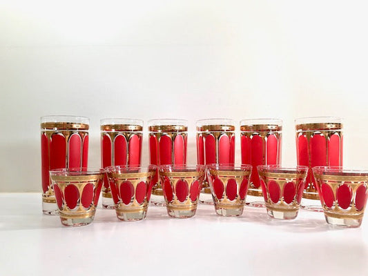 Fred Press Signed Mid-Century Red Stripes & 22-Karat Gold Crown 12-Piece Set